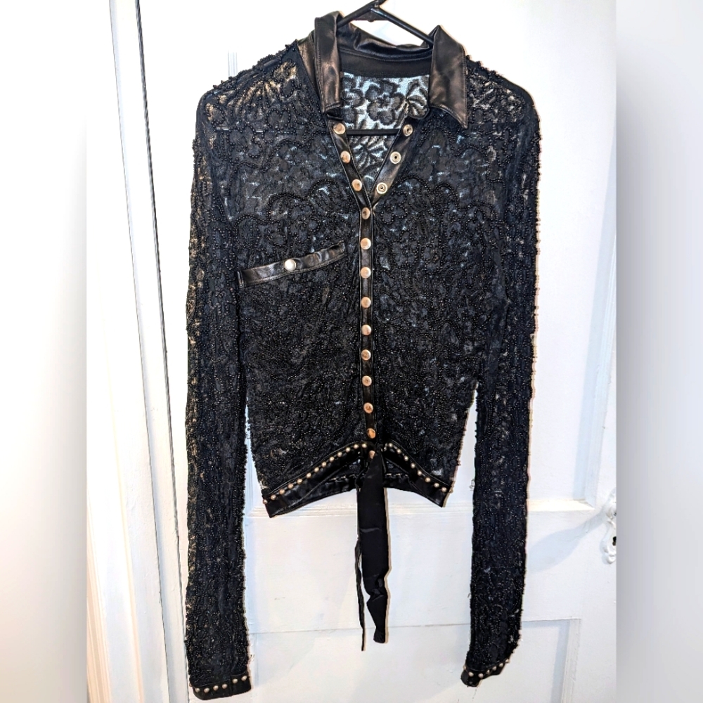 Toxic Vision Long Sleeve Beaded Button-Up Top